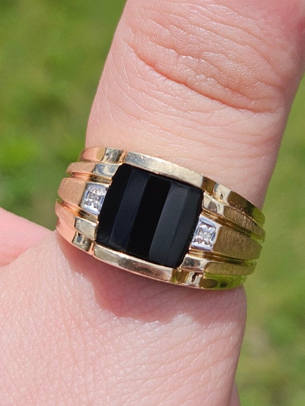 10K Yellow Gold Diamond Fancy Cut Black Stone Wide Band Men's Ring Size 10.5